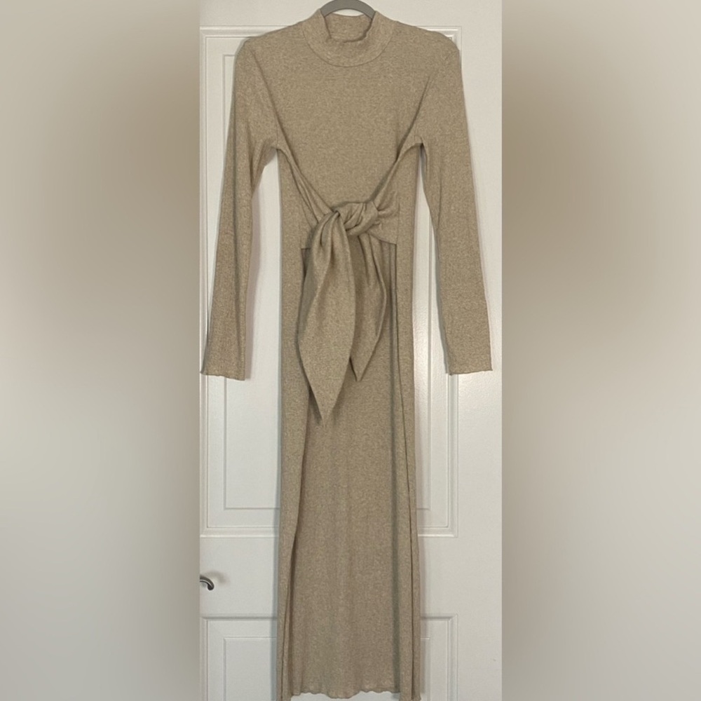Nanushka Taupe Long Sleeve Dress with Bow Detail